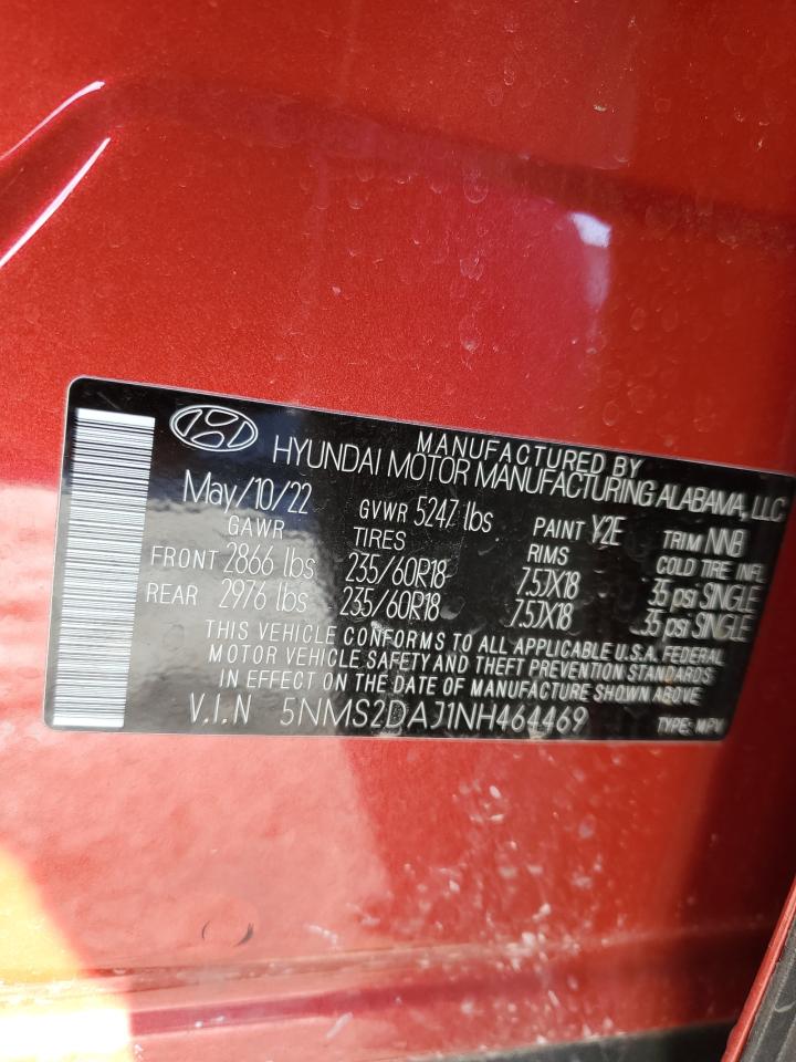2022 HYUNDAI SANTA FE SEL VIN:5NMS2DAJ1NH464469