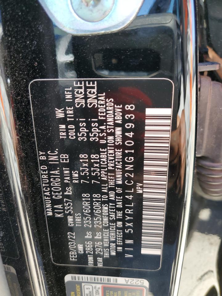 2022 KIA SORENTO S VIN:5XYRL4LC2NG104938
