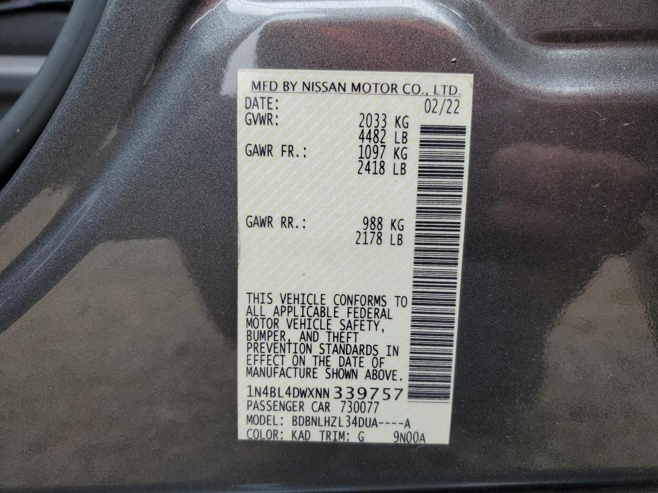 2022 NISSAN ALTIMA SV VIN:1N4BL4DWXNN339757