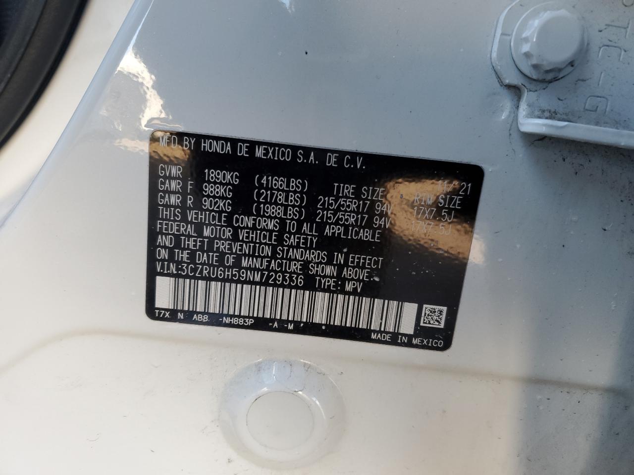 2022 HONDA HR-V EX VIN:3CZRU6H59NM729336