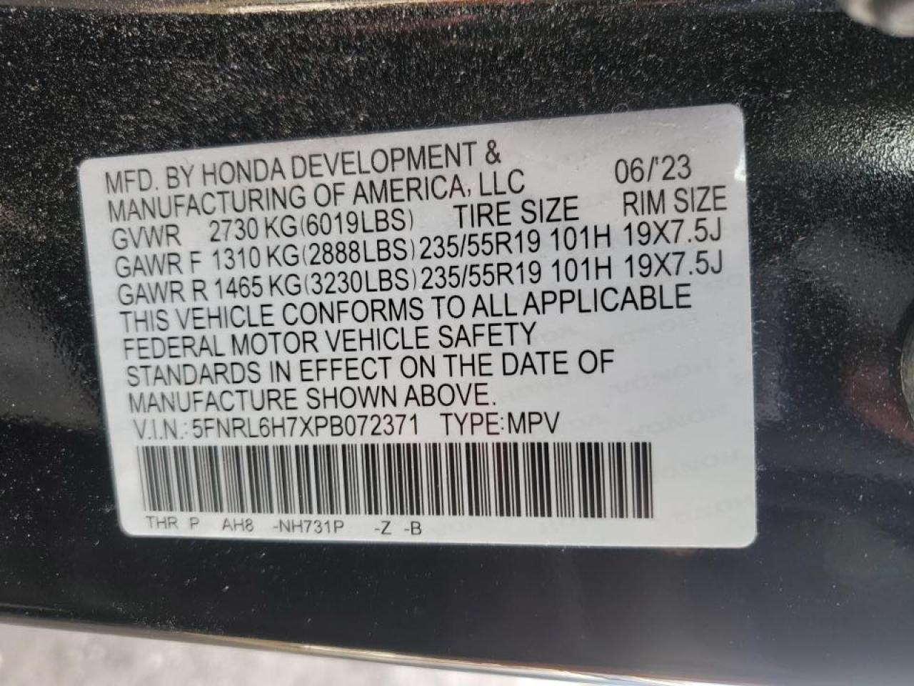 2023 HONDA ODYSSEY SPORT-L VIN:5FNRL6H7XPB072371