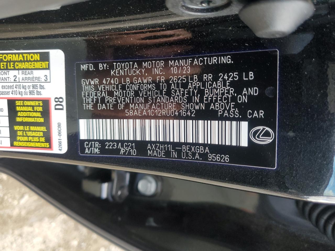 2024 LEXUS ES 300H BASE VIN:58AEA1C12RU041642