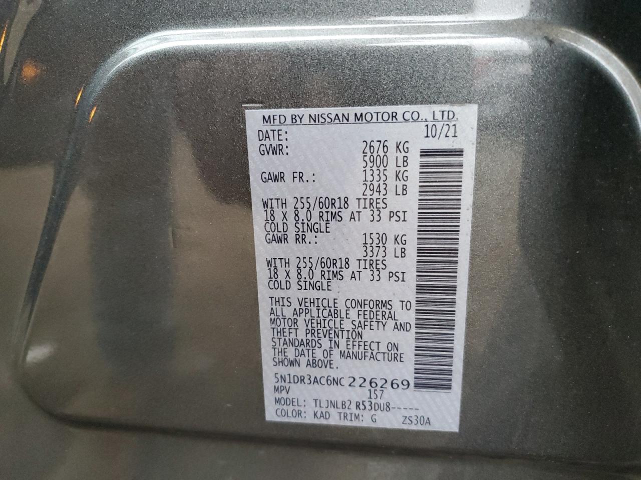 2022 NISSAN PATHFINDER S VIN:5N1DR3AC6NC226269