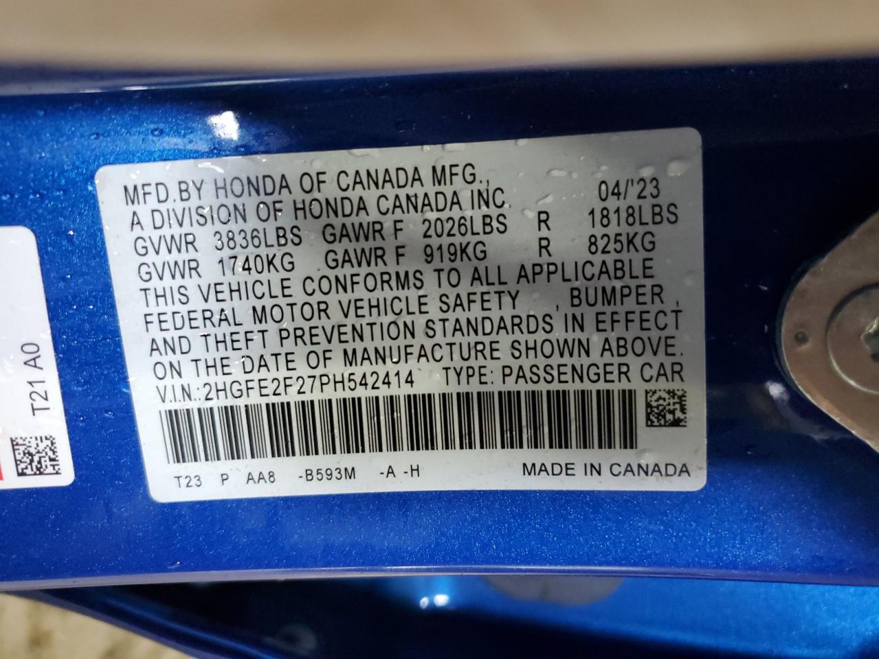 2023 HONDA CIVIC LX VIN:2HGFE2F27PH542414