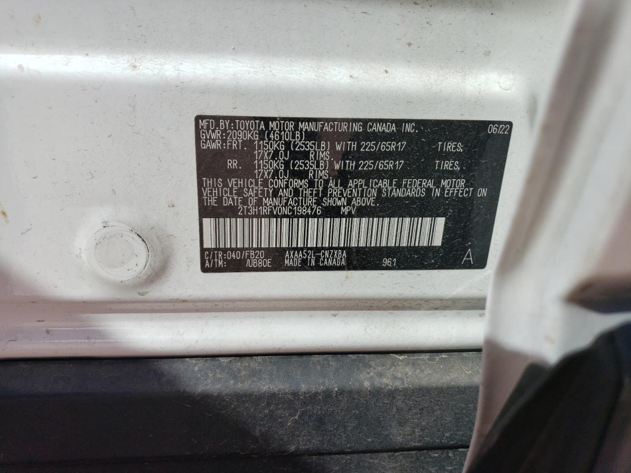 2022 TOYOTA RAV4 LE VIN:2T3H1RFV0NC198476