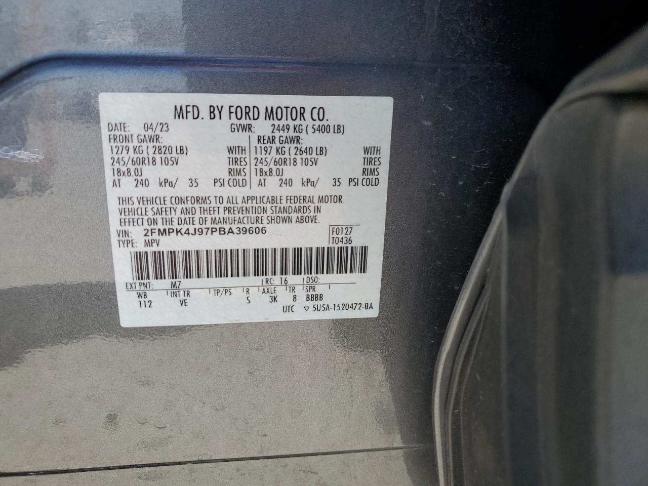 2023 FORD EDGE SEL VIN:2FMPK4J97PBA39606