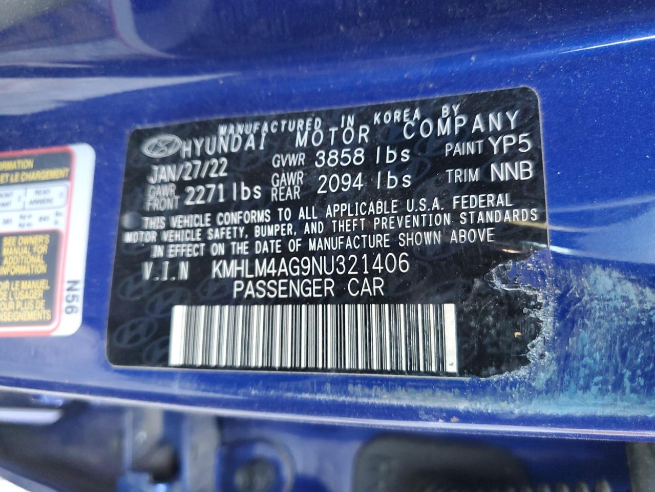 2022 HYUNDAI ELANTRA SEL VIN:KMHLM4AG9NU321406
