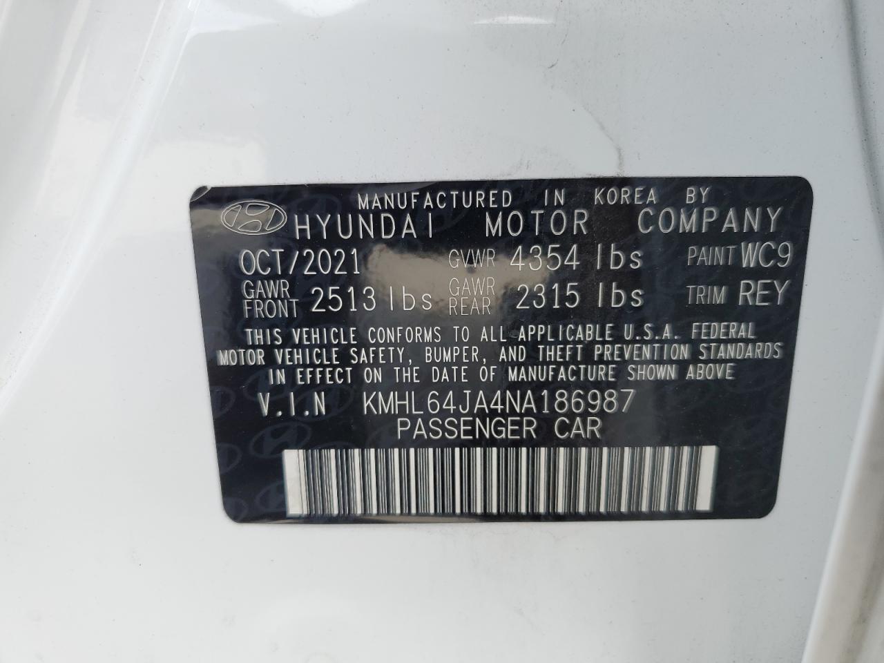 2022 HYUNDAI SONATA SEL VIN:KMHL64JA4NA186987