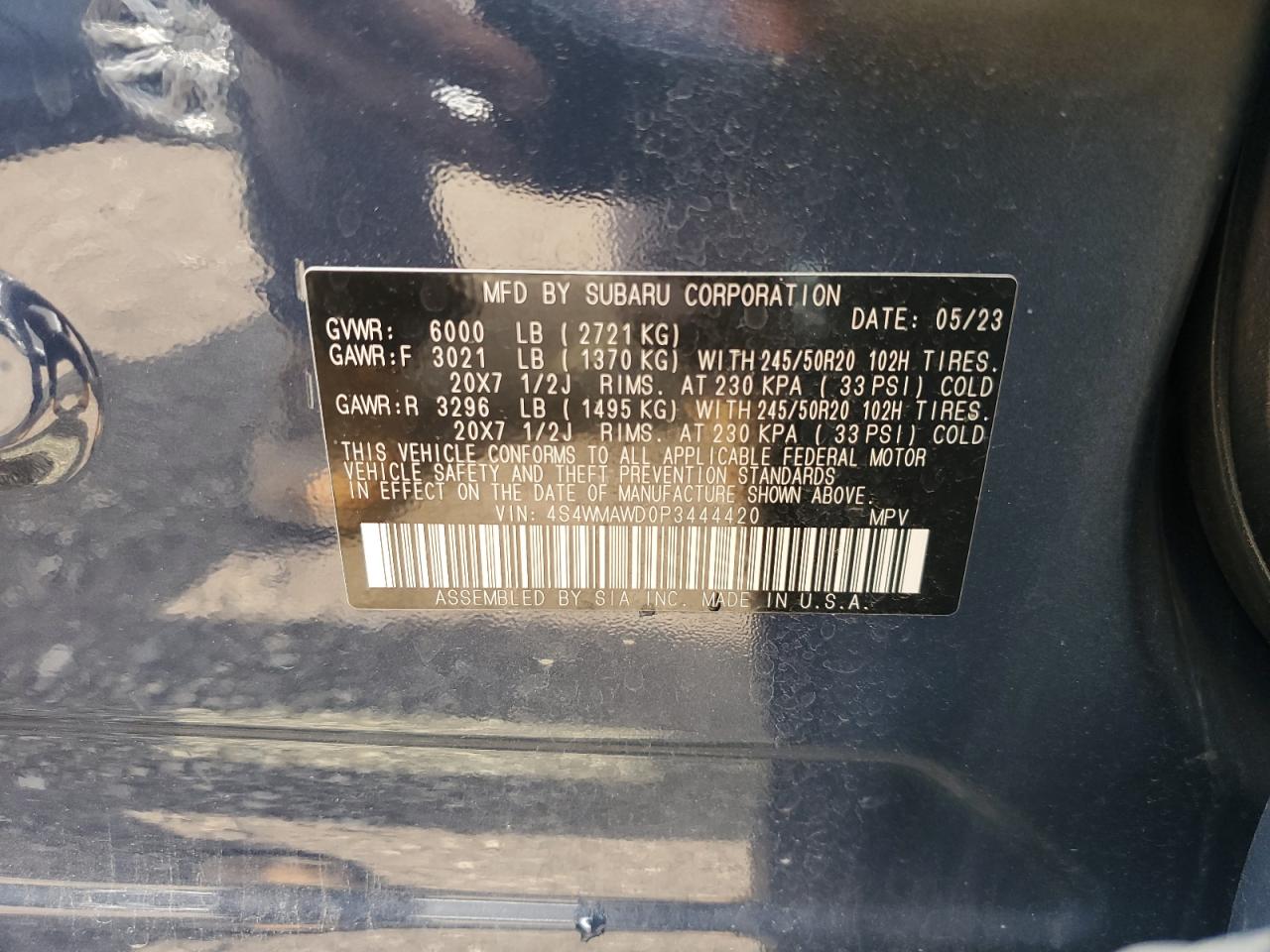 2023 SUBARU ASCENT TOURING VIN:4S4WMAWD0P3444420