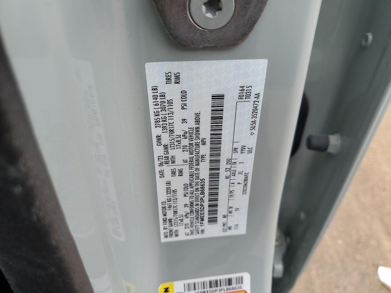 2023 FORD BRONCO BASE VIN:1FMEE5DP3PLB68635