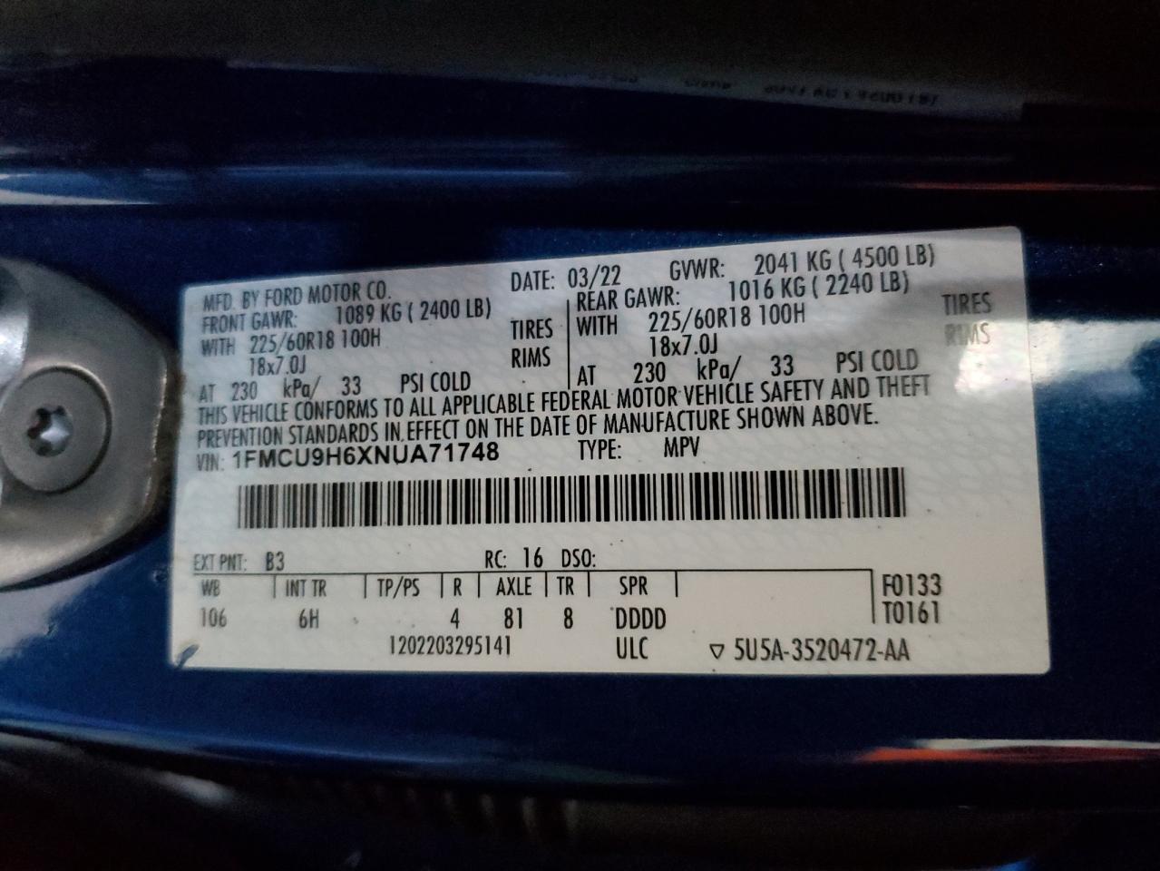 2022 FORD ESCAPE SEL VIN:1FMCU9H6XNUA71748