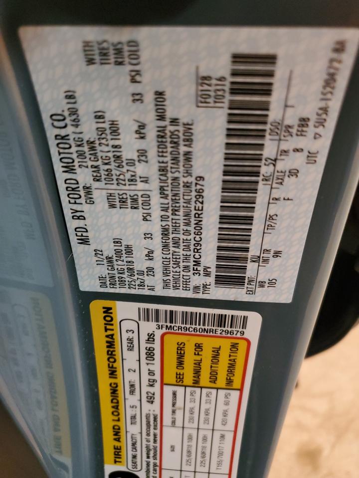 2022 FORD BRONCO SPORT OUTER BANKS VIN:3FMCR9C60NRE29679
