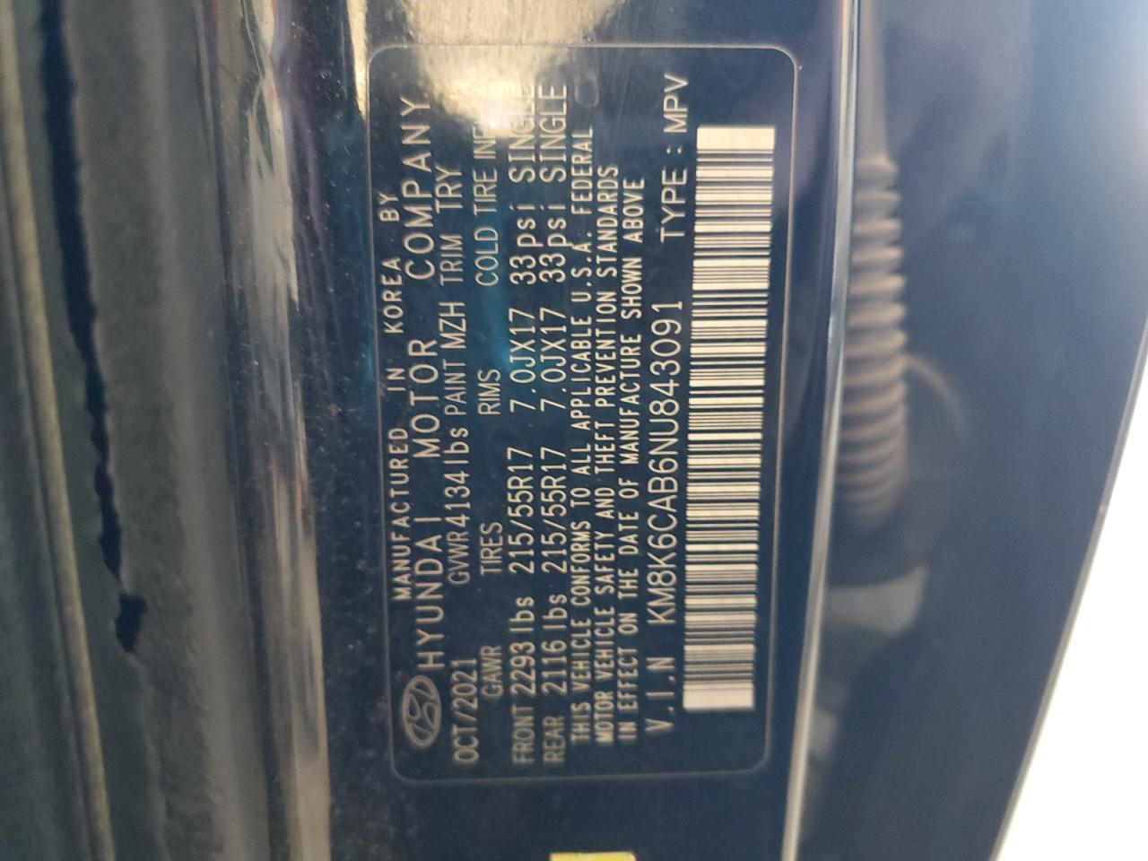 2022 HYUNDAI KONA SEL VIN:KM8K6CAB6NU843091