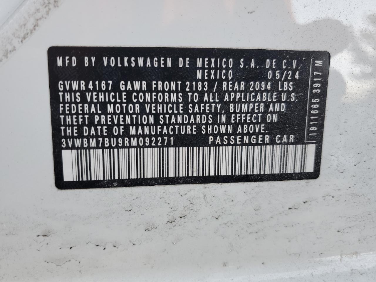 2024 VOLKSWAGEN JETTA SPORT VIN:3VWBM7BU9RM092271