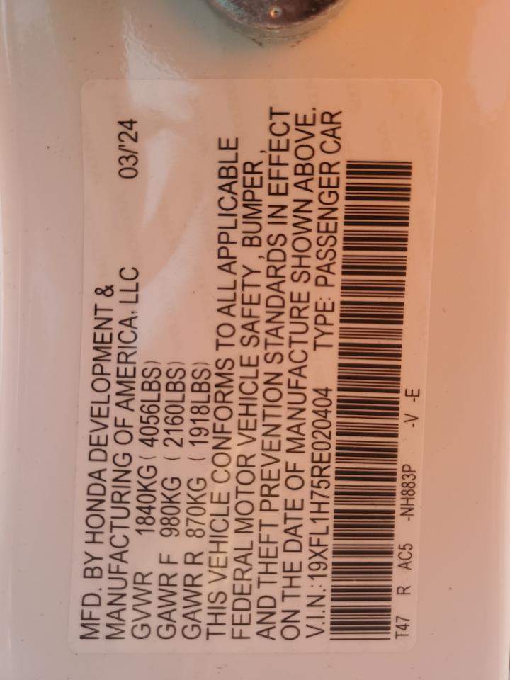 2024 HONDA CIVIC EXL VIN:19XFL1H75RE020404