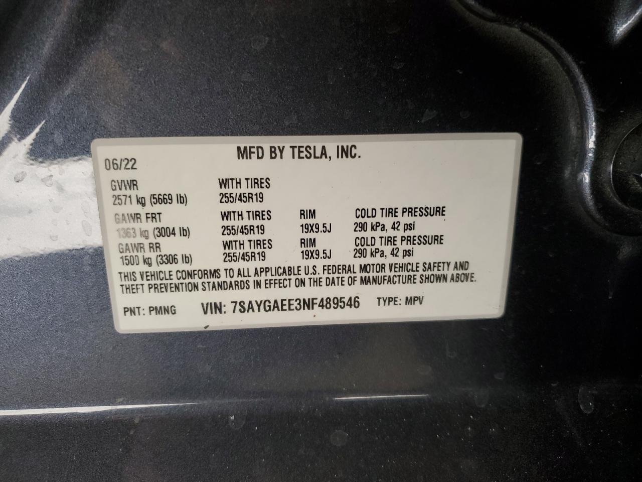 2022 TESLA MODEL Y  VIN:7SAYGAEE3NF489546