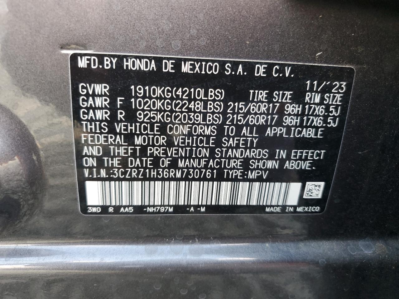 2024 HONDA HR-V LX VIN:3CZRZ1H36RM730761