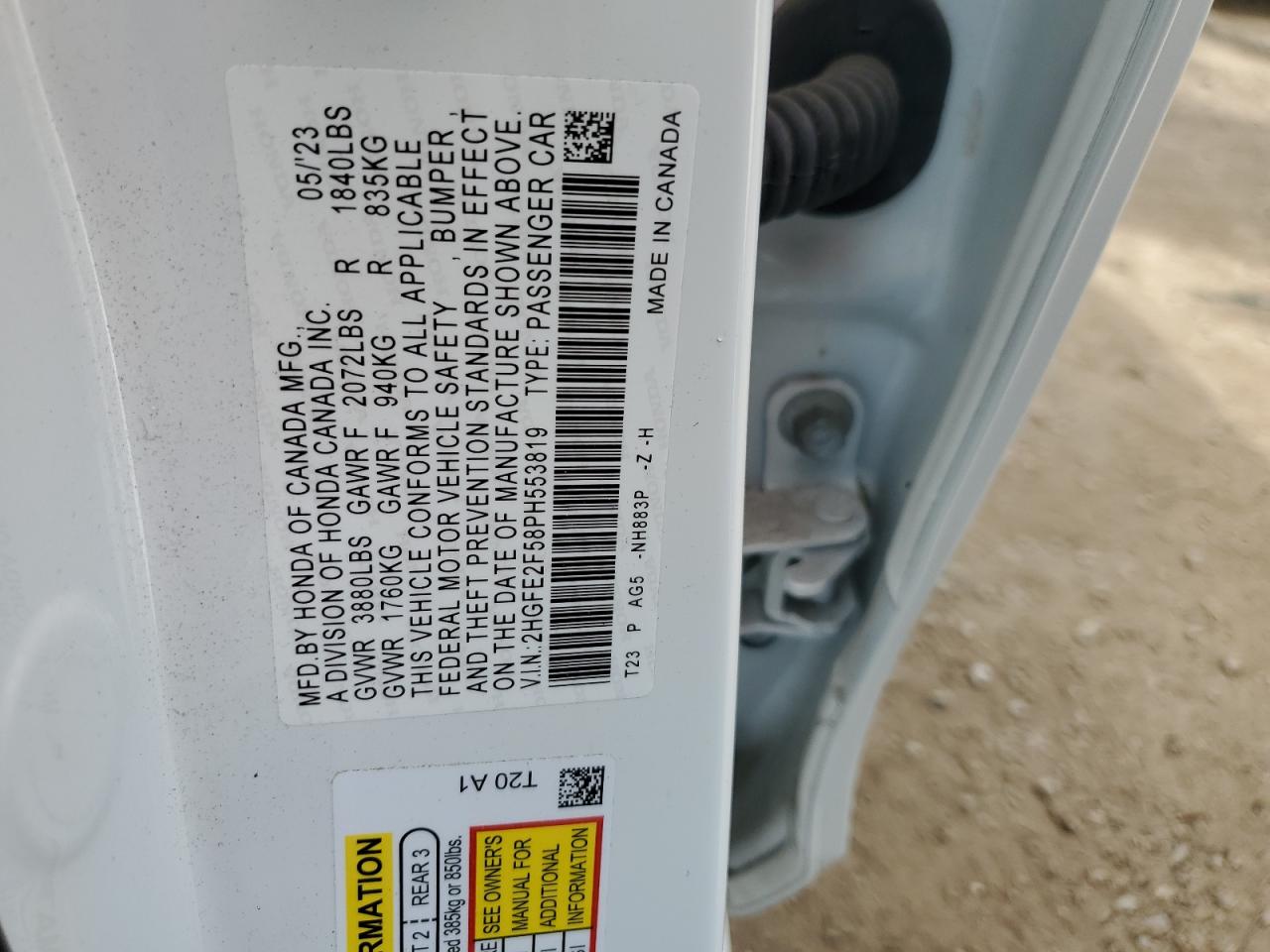 2023 HONDA CIVIC SPORT VIN:2HGFE2F58PH553819
