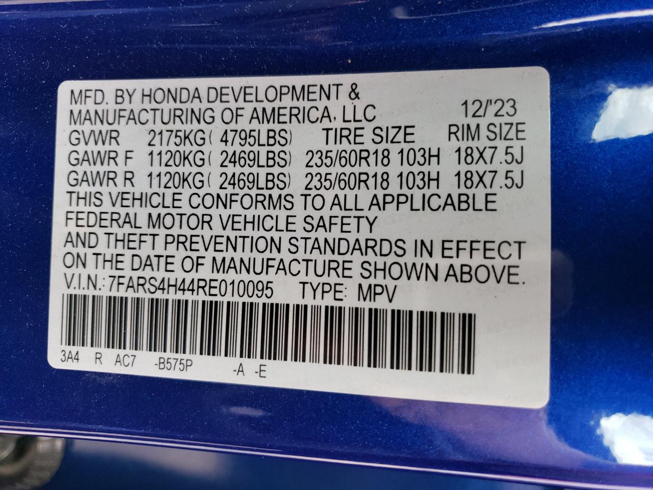 2024 HONDA CR-V EX VIN:7FARS4H44RE010095