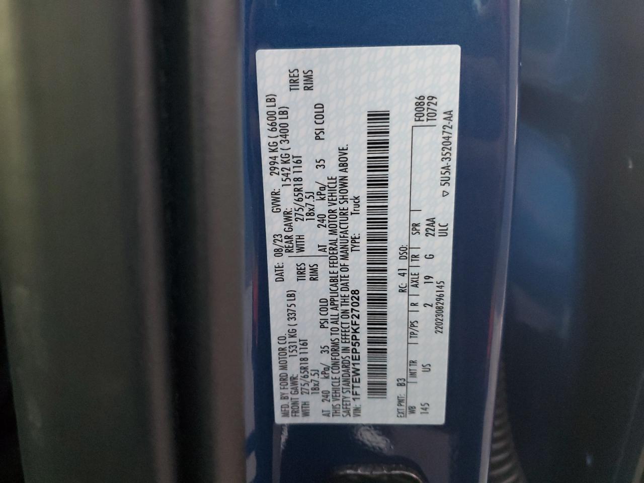 2023 FORD F150 SUPERCREW VIN:1FTEW1EP5PKF27028