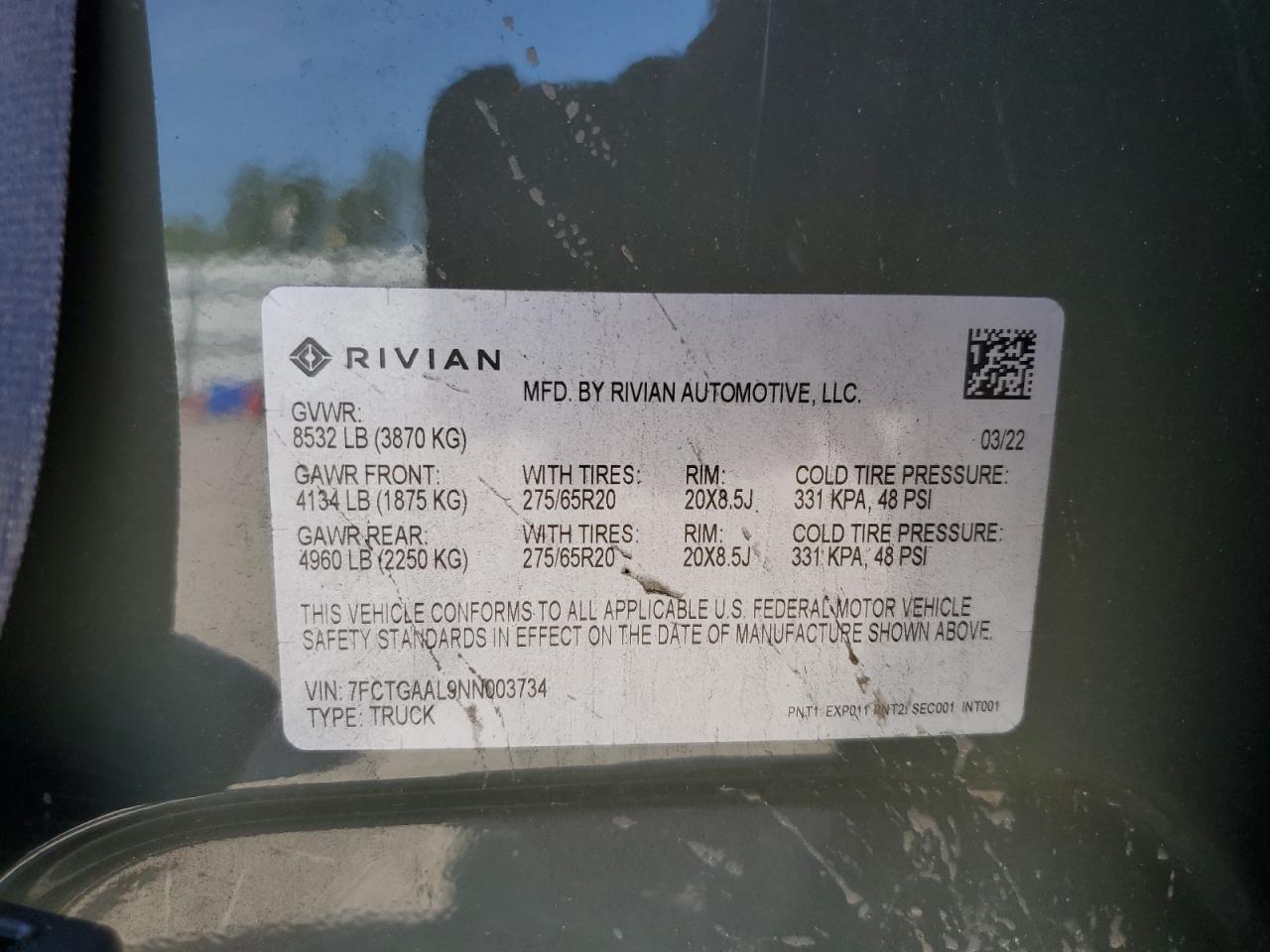 2022 RIVIAN R1T LAUNCH EDITION VIN:7FCTGAAL9NN003734