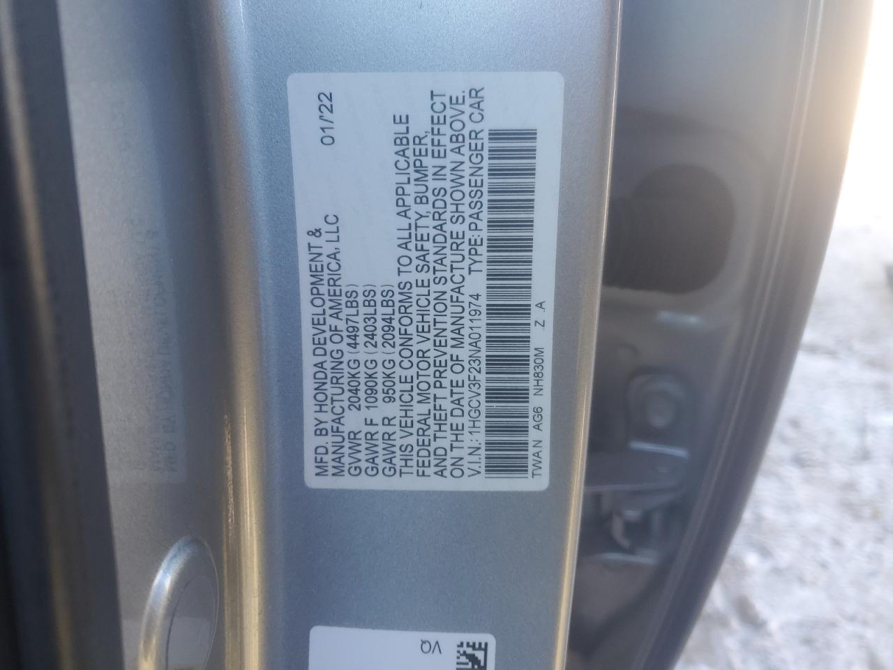 2022 HONDA ACCORD HYBRID SPORT VIN:1HGCV3F23NA011974