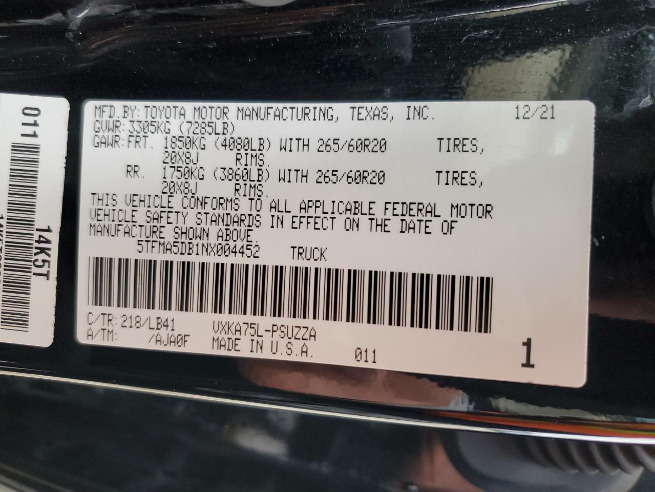2022 TOYOTA TUNDRA CREWMAX PLATINUM VIN:5TFMA5DB1NX004452