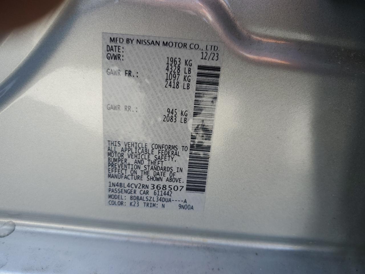 2024 NISSAN ALTIMA SR VIN:1N4BL4CV2RN368507