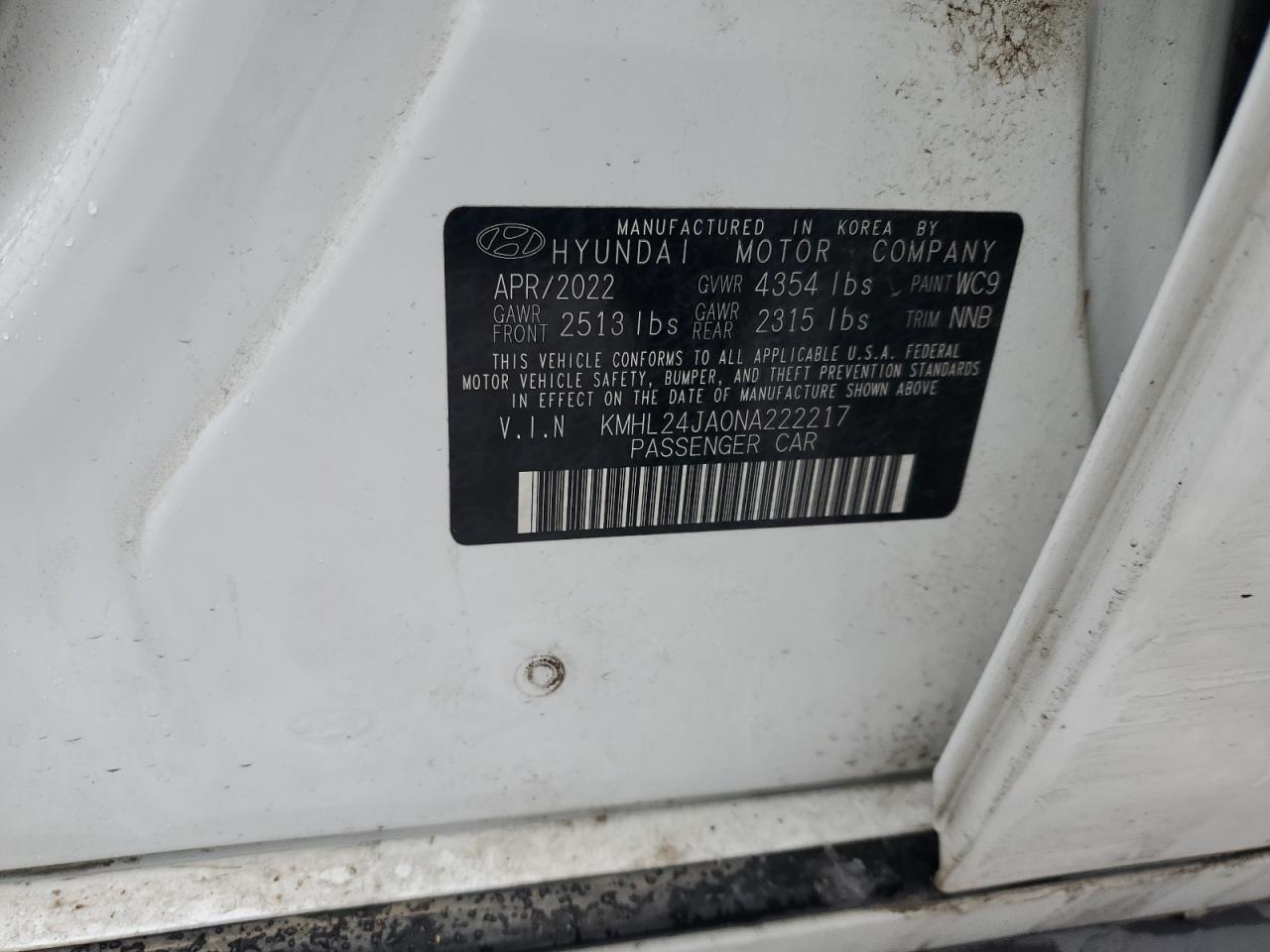 2022 HYUNDAI SONATA SE VIN:KMHL24JA0NA222217