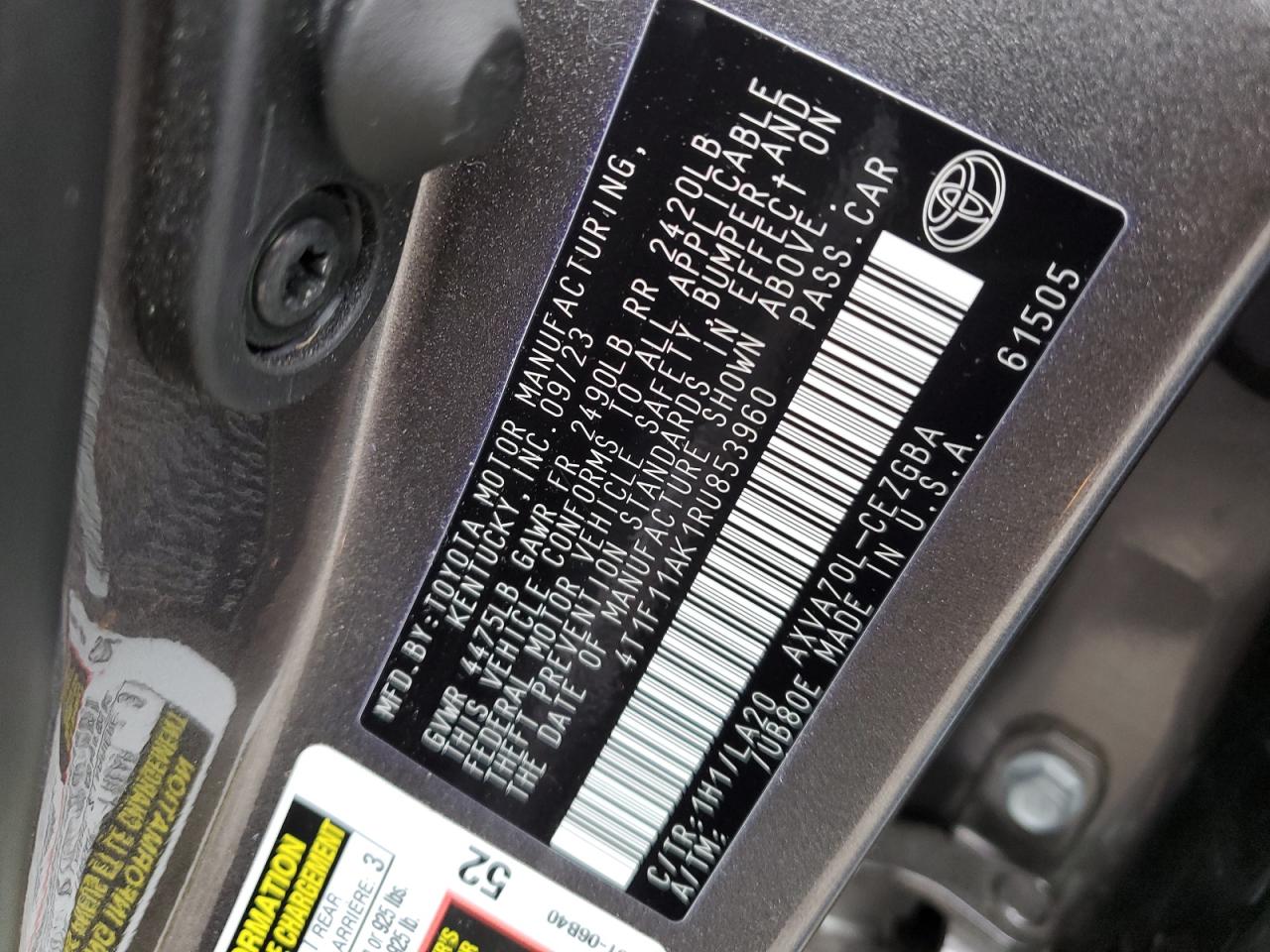 2024 TOYOTA CAMRY XLE VIN:4T1F11AK1RU853960