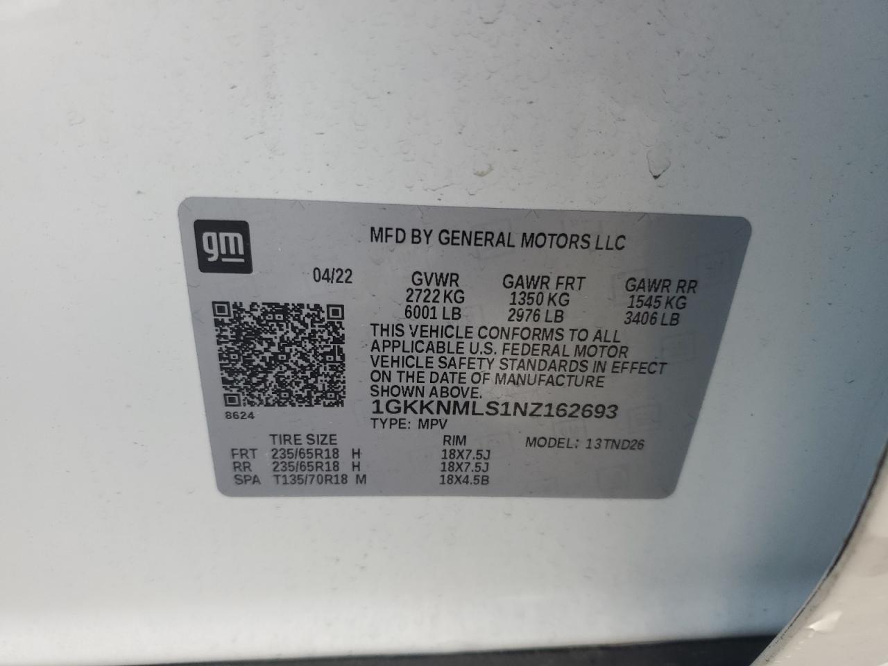 2022 GMC ACADIA SLT VIN:1GKKNMLS1NZ162693