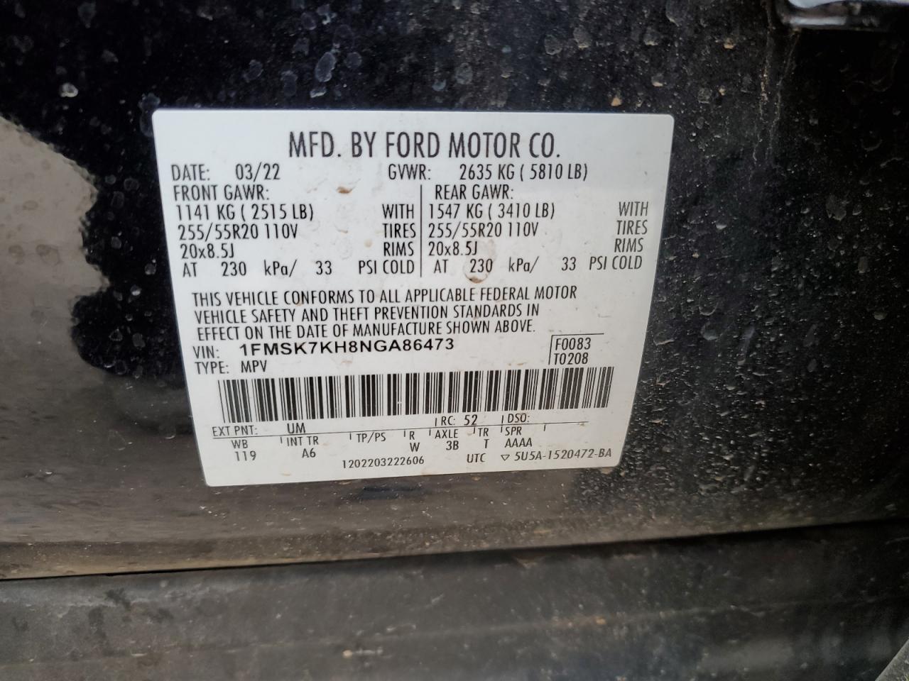 2022 FORD EXPLORER ST-LINE VIN:1FMSK7KH8NGA86473