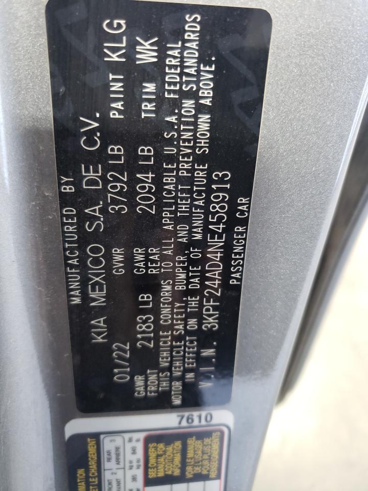 2022 KIA FORTE FE VIN:3KPF24AD4NE458913