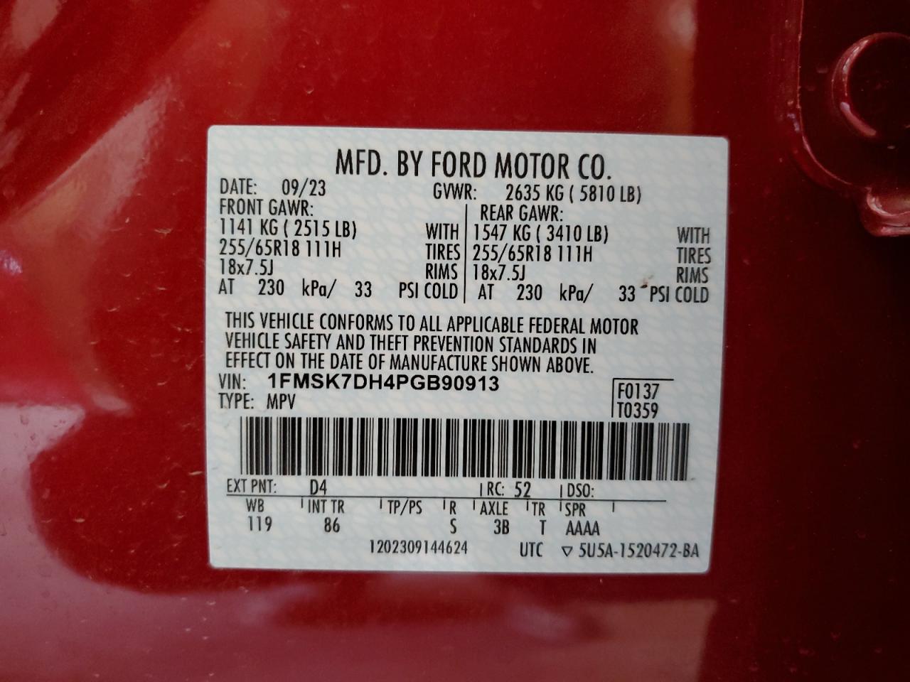 2023 FORD EXPLORER XLT VIN:1FMSK7DH4PGB90913