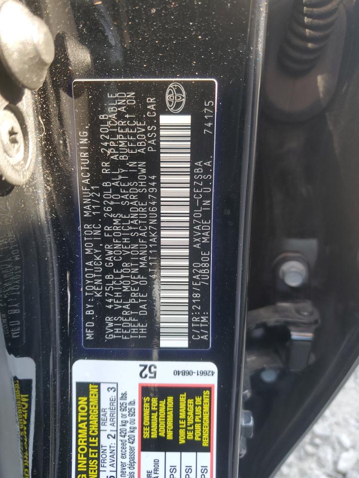 2022 TOYOTA CAMRY SE VIN:4T1T11AK7NU647944