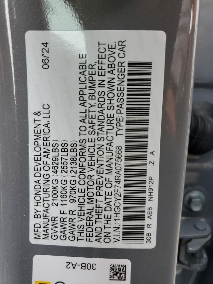 2024 HONDA ACCORD HYBRID SPORT-L VIN:1HGCY2F74RA075668