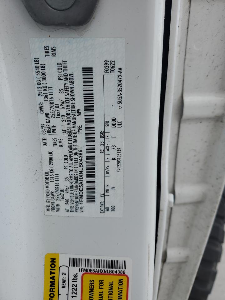 2022 FORD BRONCO BASE VIN:1FMDE5AHXNLB04386