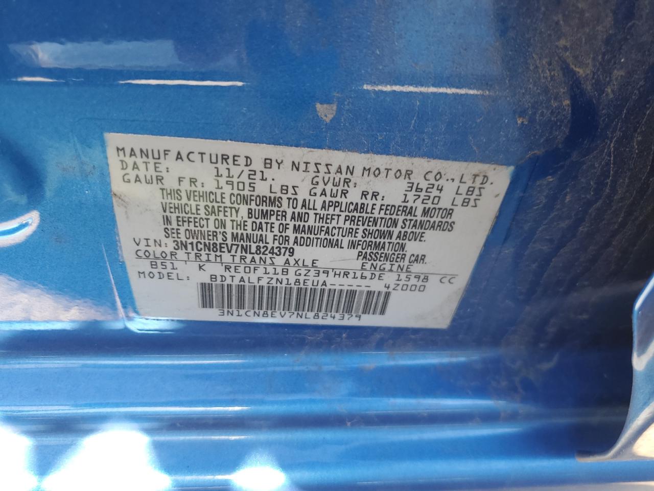 2022 NISSAN VERSA SV VIN:3N1CN8EV7NL824379