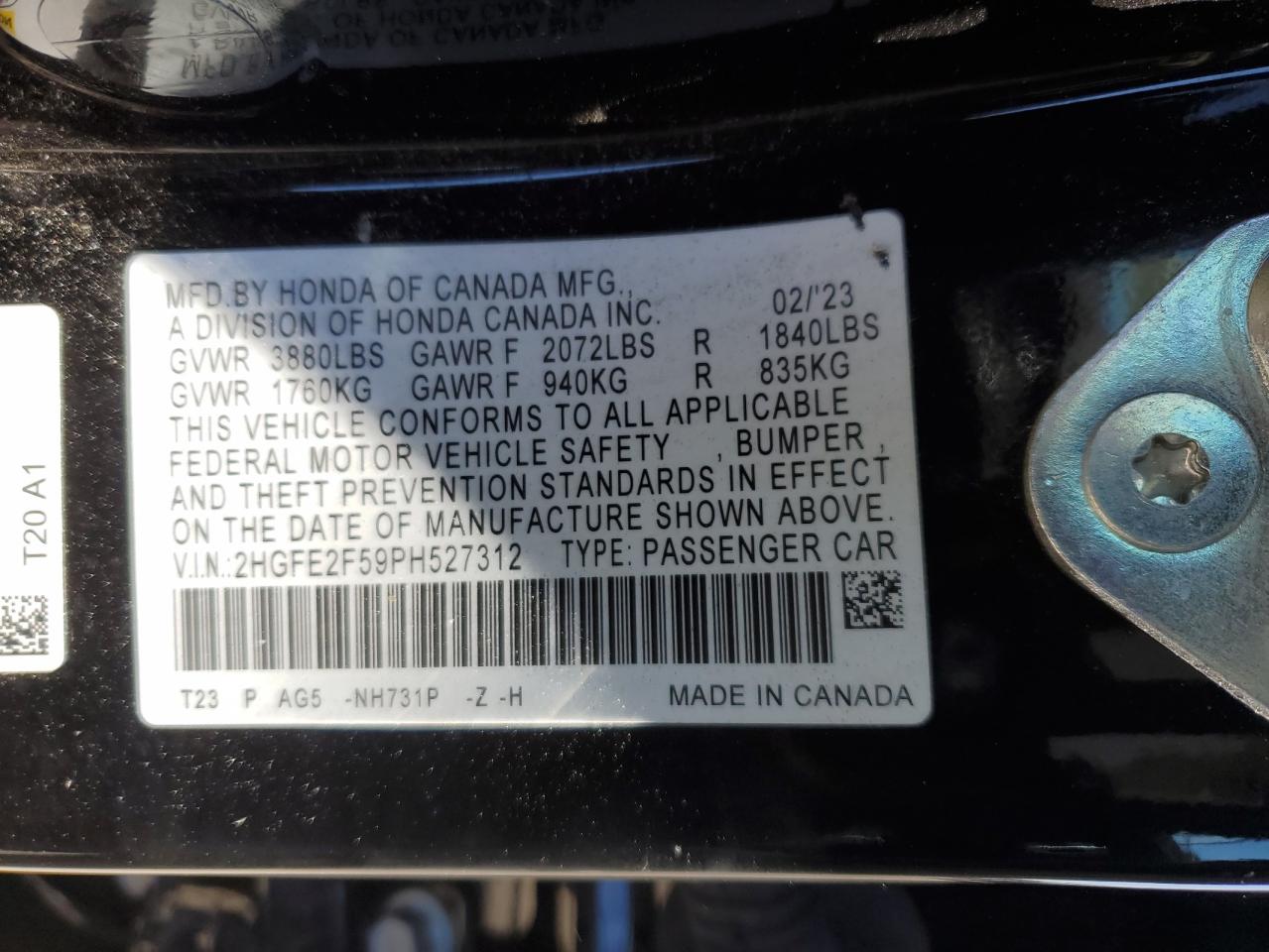 2023 HONDA CIVIC SPORT VIN:2HGFE2F59PH527312