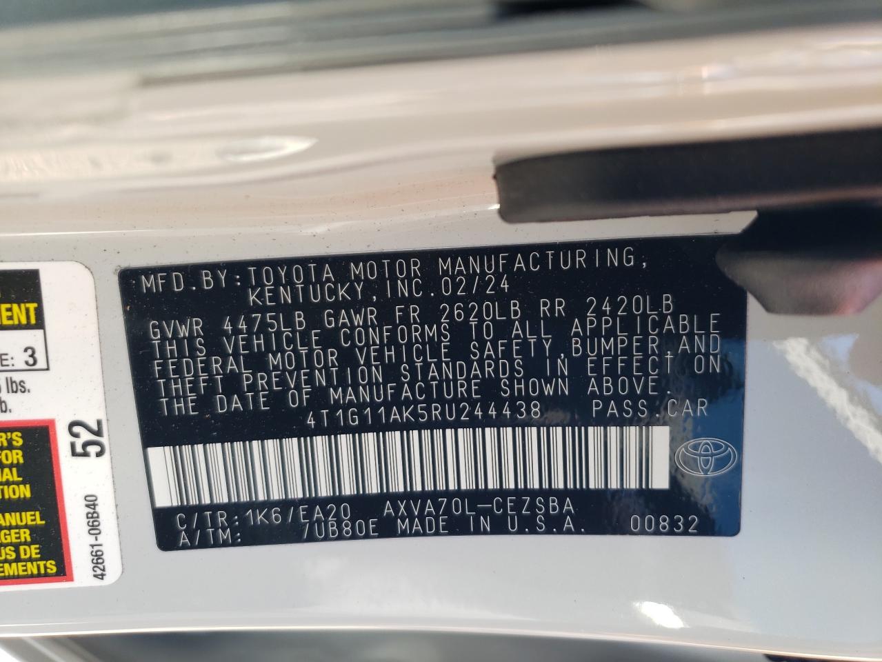 2024 TOYOTA CAMRY SE NIGHT SHADE VIN:4T1G11AK5RU244438