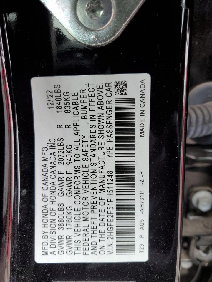 2023 HONDA CIVIC SPORT VIN:2HGFE2F51PH511248