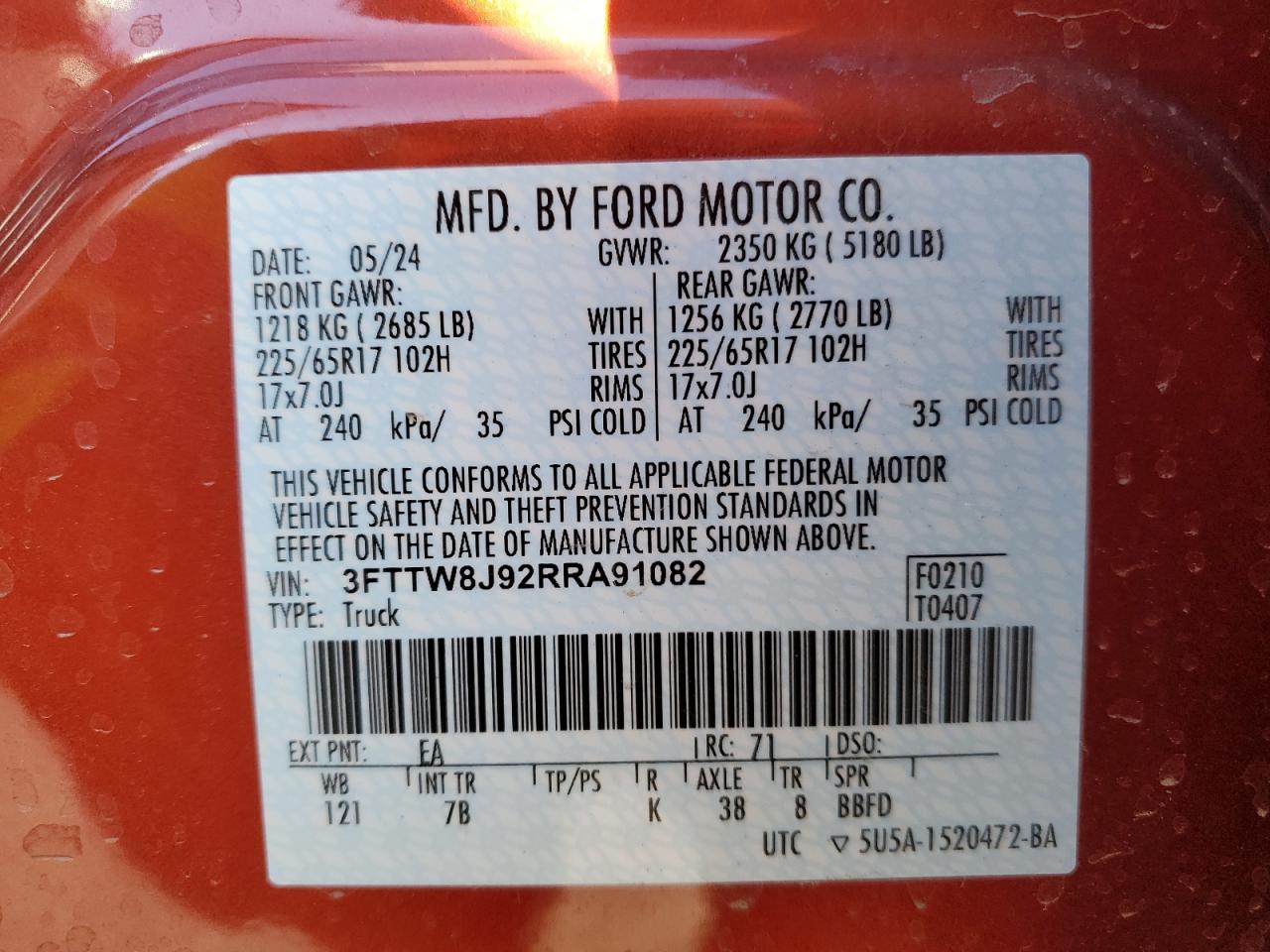 2024 FORD MAVERICK XLT VIN:3FTTW8J92RRA91082