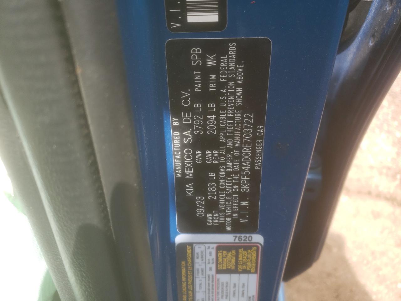 2024 KIA FORTE GT LINE VIN:3KPF54AD0RE703722