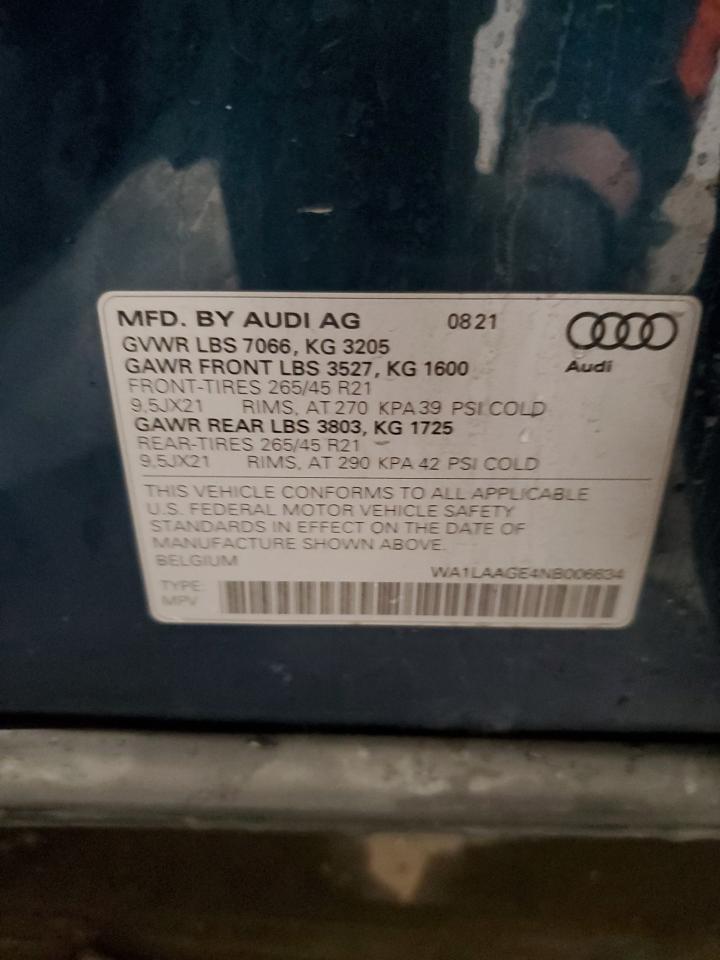 2022 AUDI E-TRON PREMIUM PLUS VIN:WA1LAAGE4NB006634