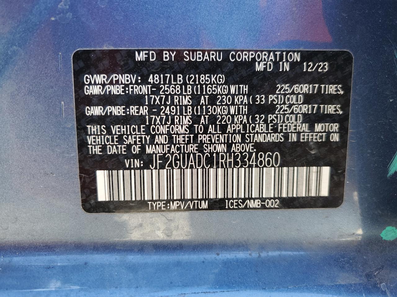 2024 SUBARU CROSSTREK PREMIUM VIN:JF2GUADC1RH334860