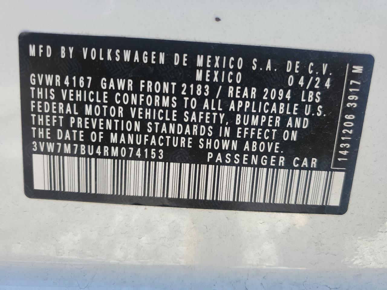 2024 VOLKSWAGEN JETTA SE VIN:3VW7M7BU4RM074153