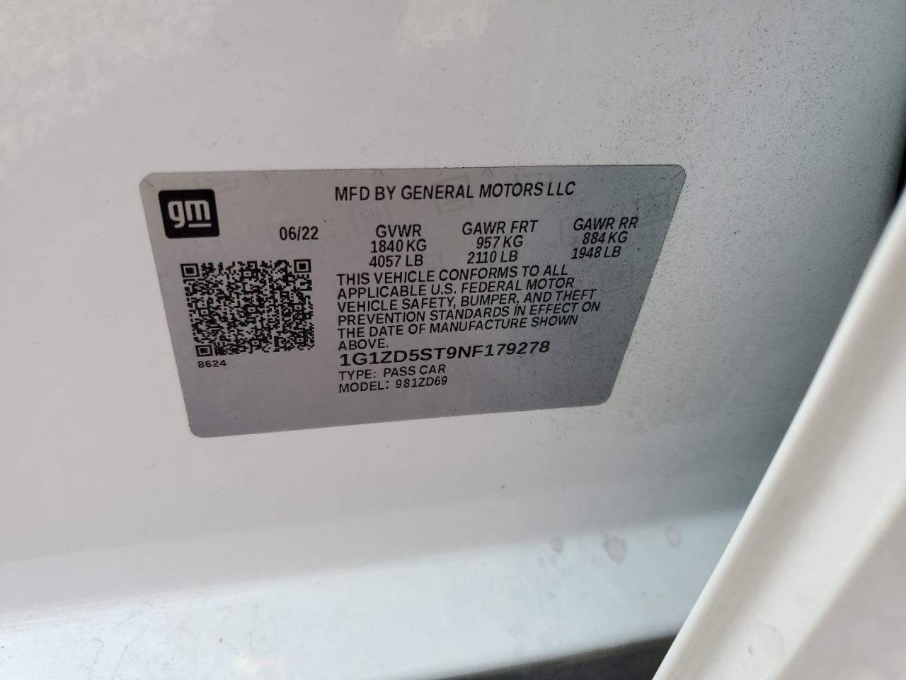 2022 CHEVROLET MALIBU LT VIN:1G1ZD5ST9NF179278