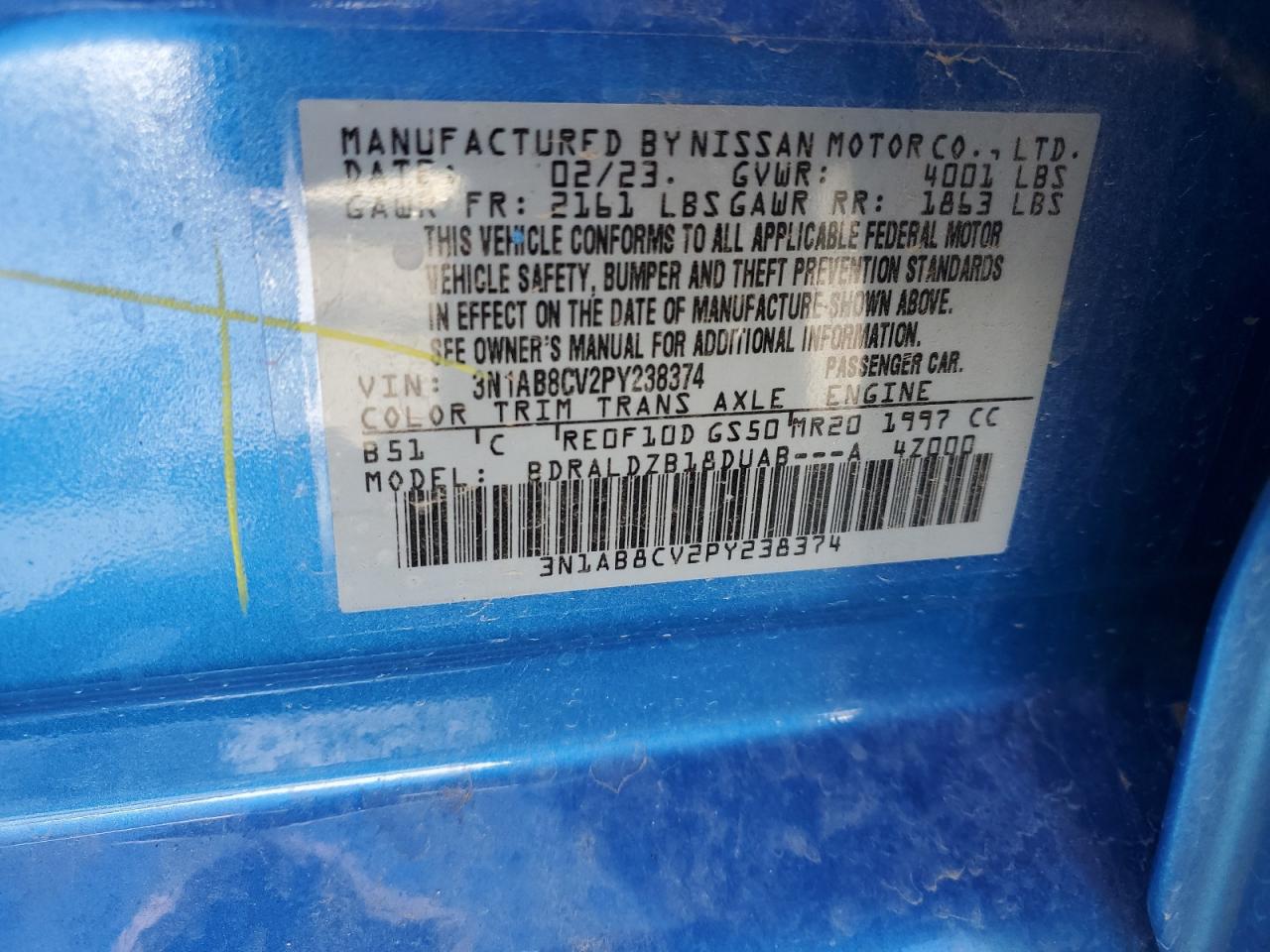 2023 NISSAN SENTRA SV VIN:3N1AB8CV2PY238374