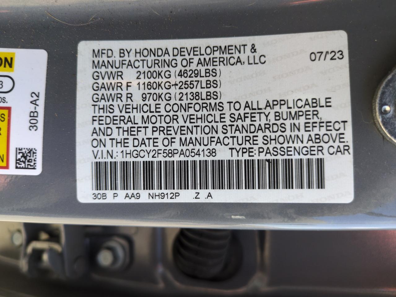 2023 HONDA ACCORD HYBRID SPORT VIN:1HGCY2F58PA054138