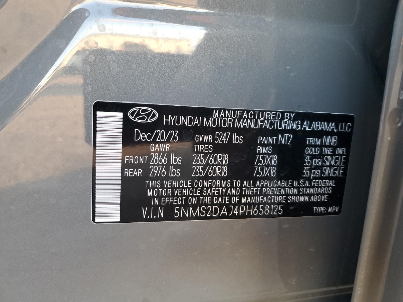 2023 HYUNDAI SANTA FE SEL VIN:5NMS2DAJ4PH658125